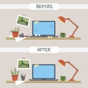 Dirty and clean work table. Creative mess. Disorder in the interior. Table before and after cleaning. Flat style vector illustration.